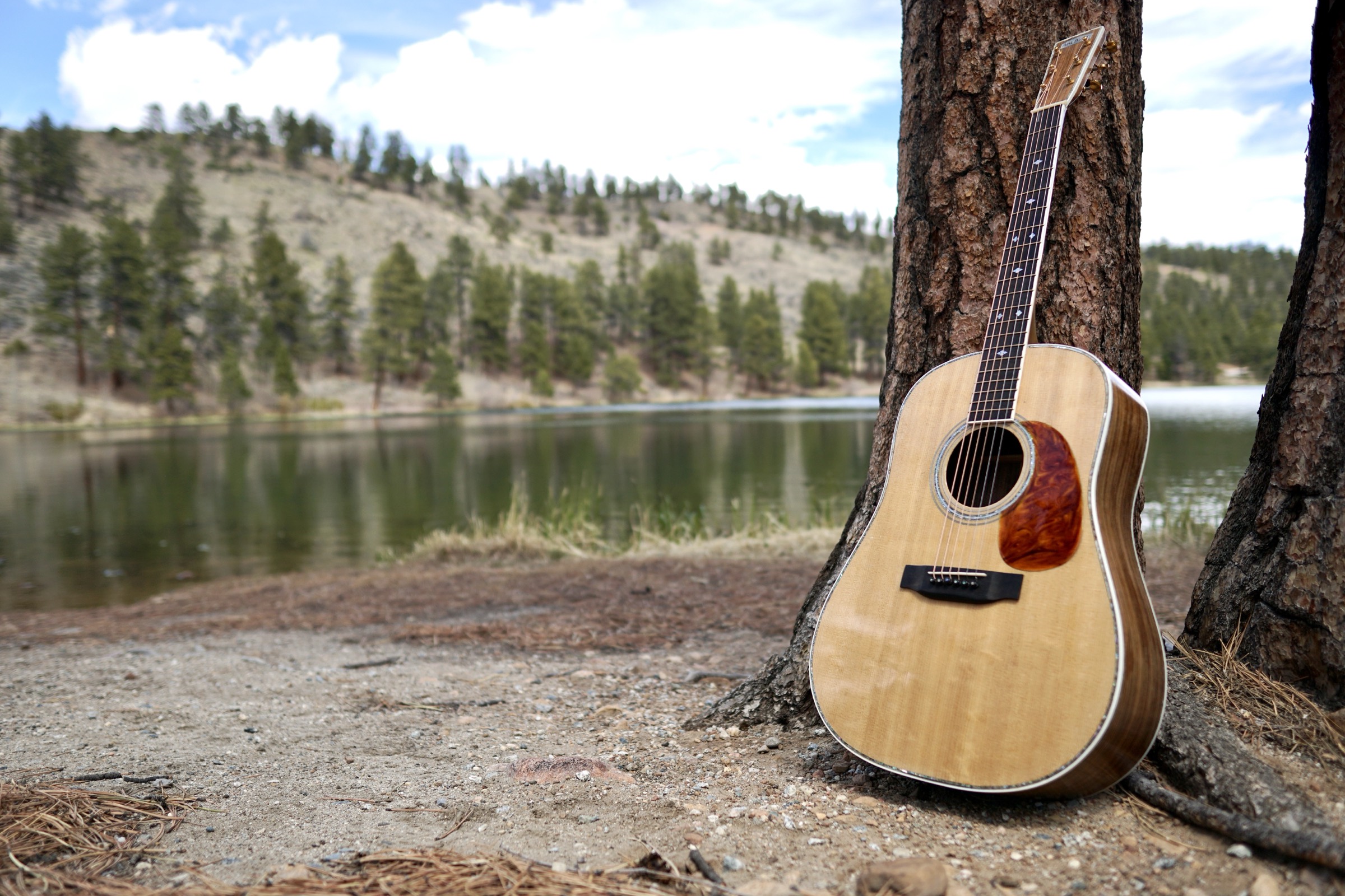 An Ahlberg dreadnought acoustic guitar leaning against a pine tree by a mountain lake.